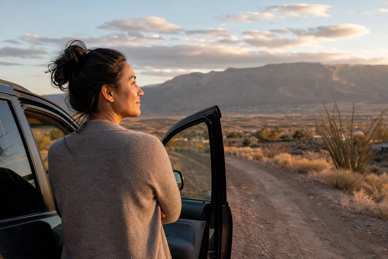 A woman in a gray sweater stands beside an open car door, looking toward desert mountains along a dirt road at sunset.