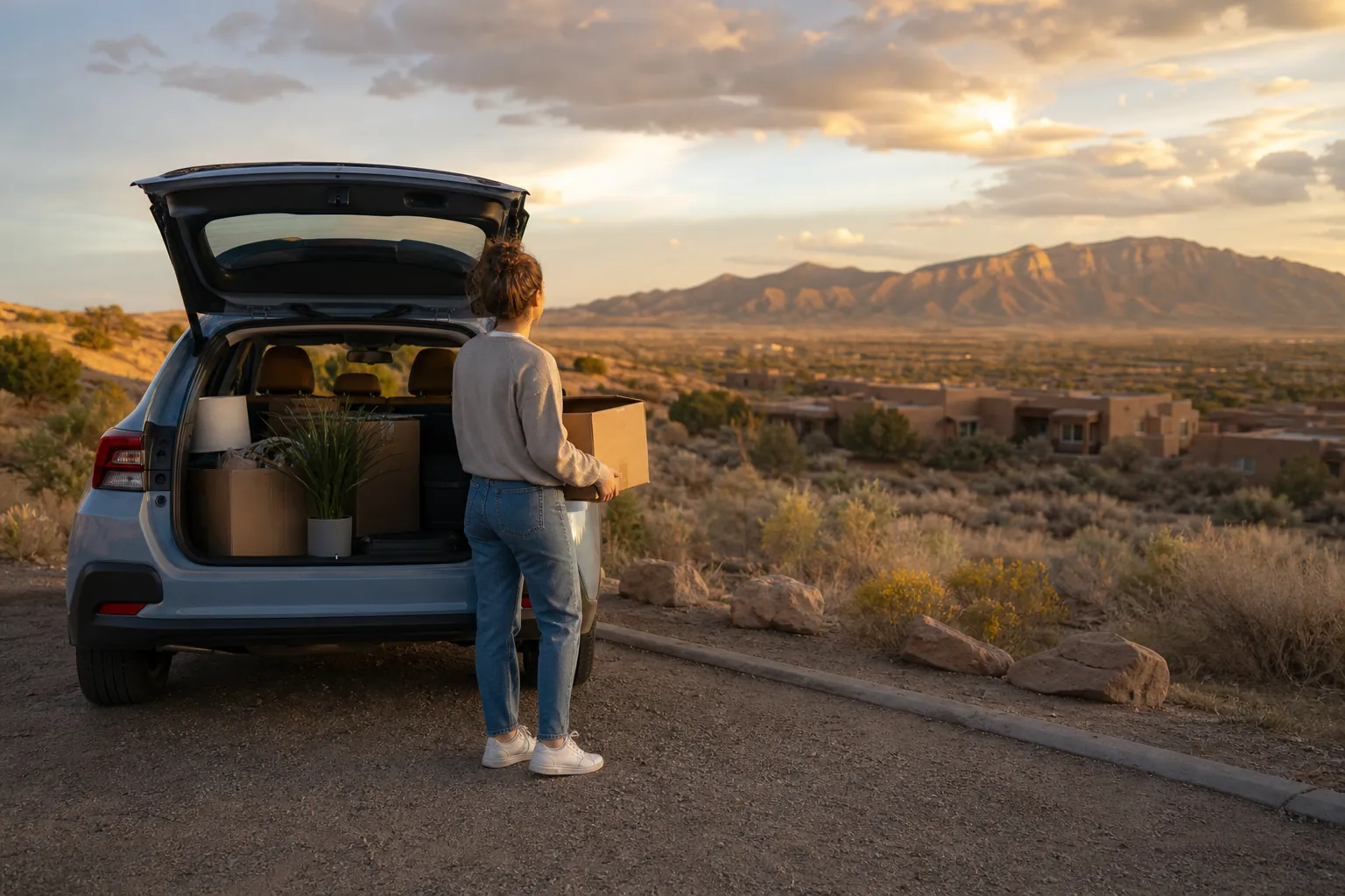 A person holds a cardboard box beside an open SUV packed with boxes and a plant, overlooking desert mountains at sunset.