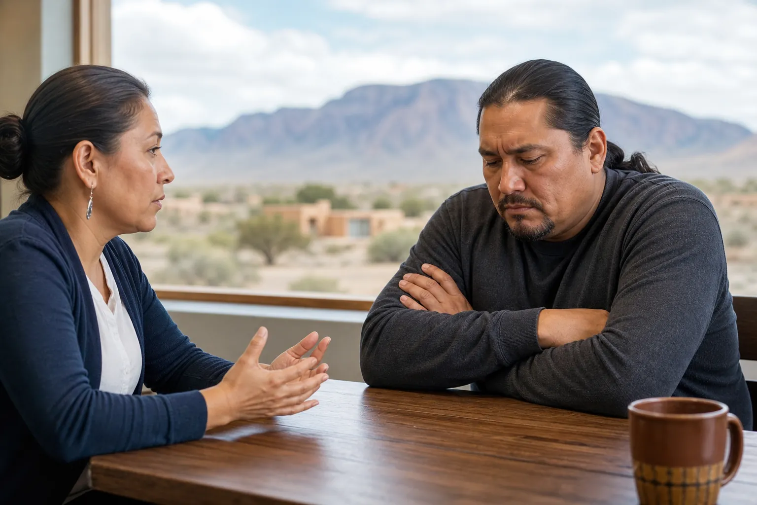 A woman gestures across a wooden table toward a frowning man with crossed arms, with desert mountains visible through a window.