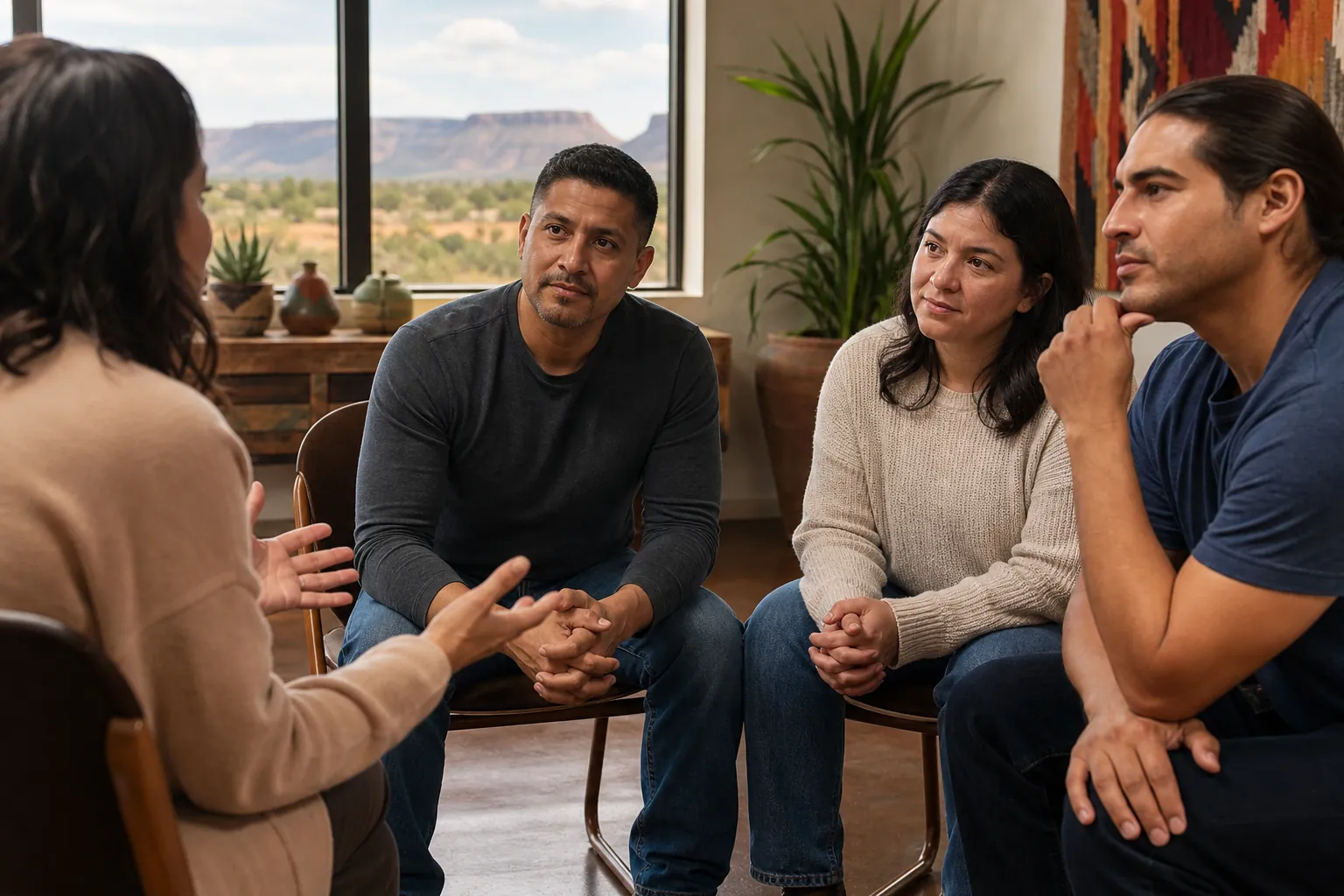 Three seated adults listen to a woman gesturing during a group discussion, with desert mesas visible through a window.