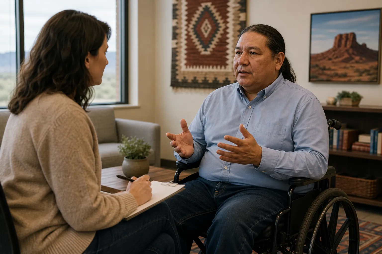 A man seated in a wheelchair gestures while talking with a woman holding a pen and clipboard in a furnished office.
