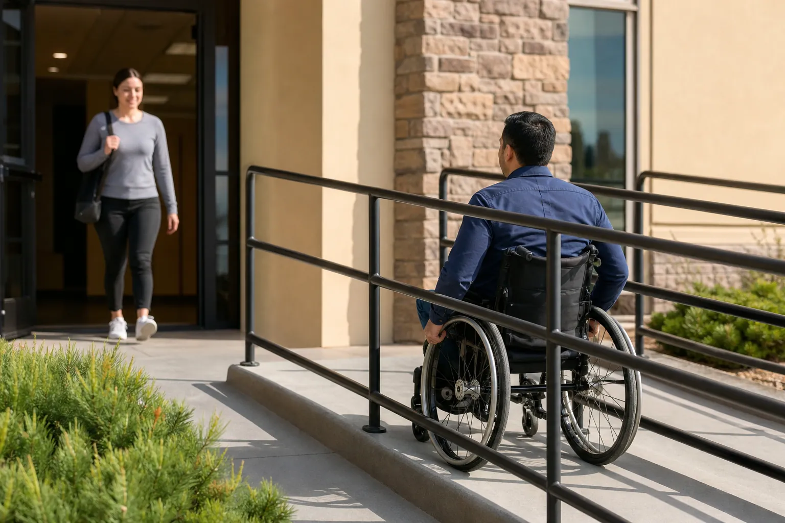 A man in a wheelchair uses a concrete access ramp with metal railings while a woman stands near the building entrance.