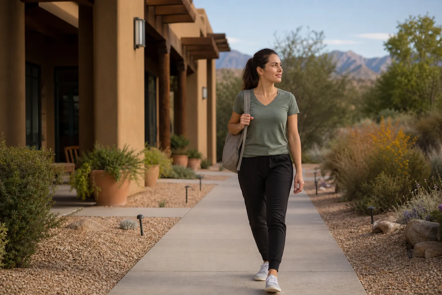 Woman in a green T-shirt, black pants, and sneakers walking outside a Southwestern-style building with a shoulder bag.