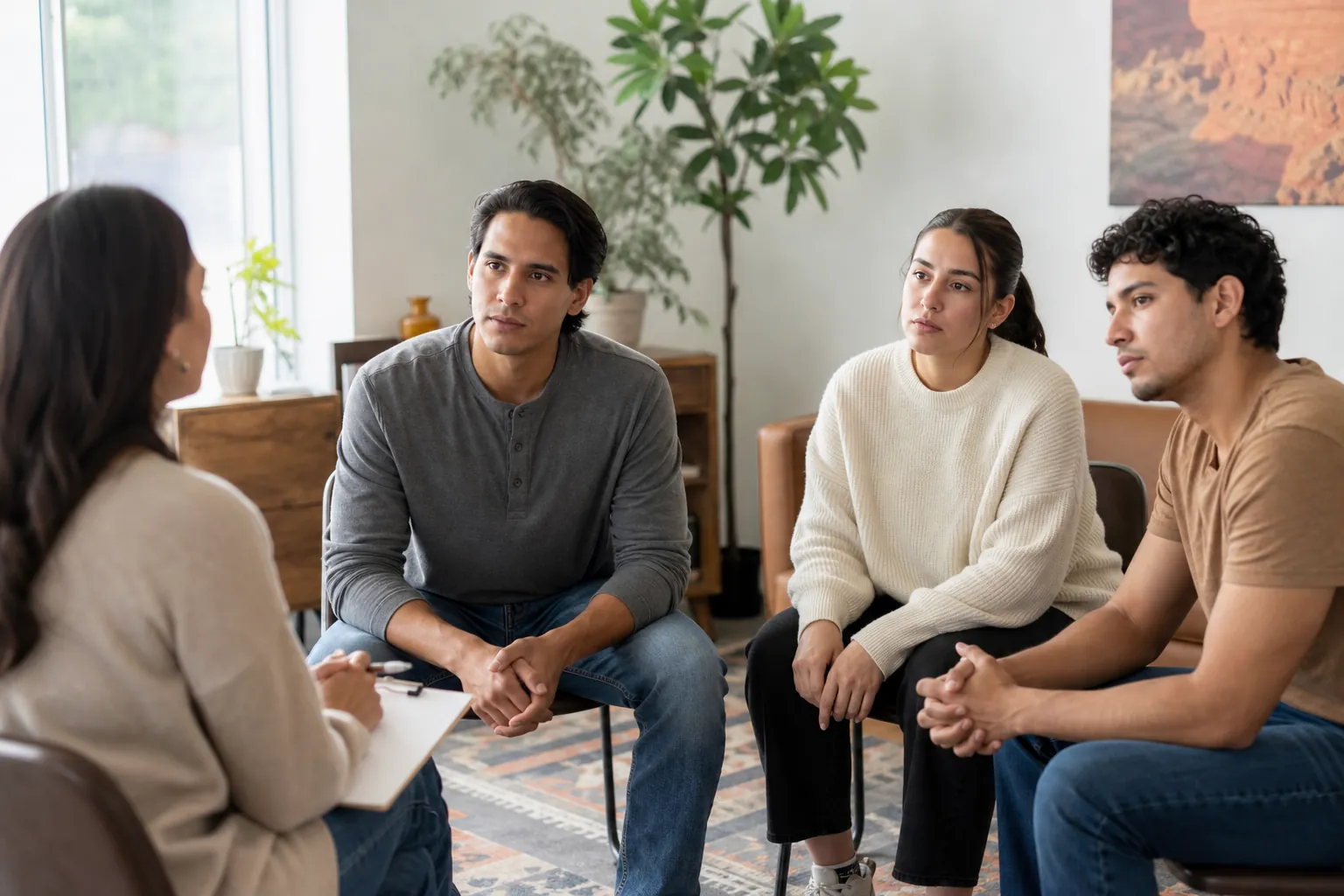 Three casually dressed adults listen to a counselor during an outpatient group therapy session.
