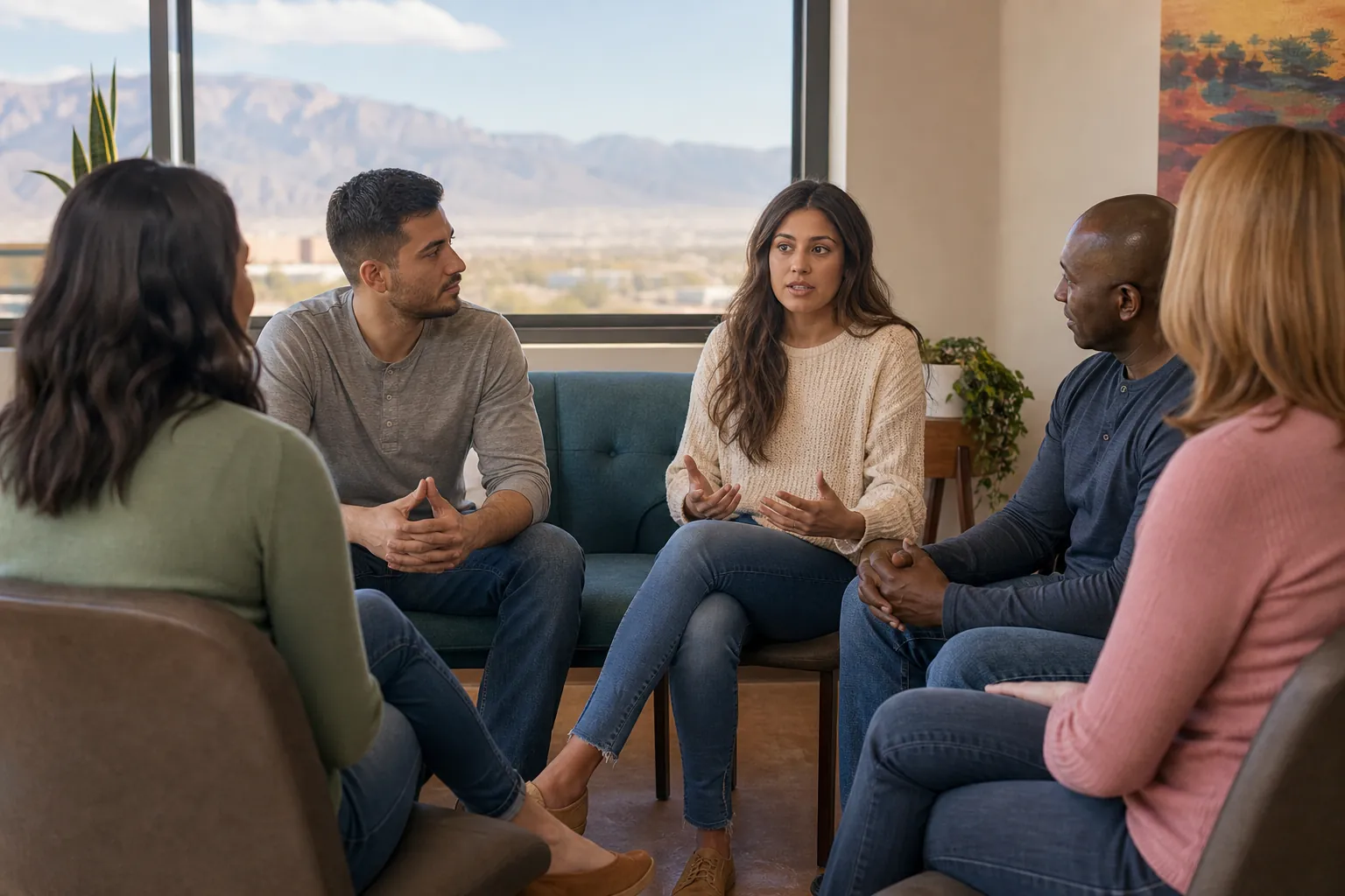 Five adults sit in a circle as a woman gestures during a group discussion, with mountains visible through large windows.