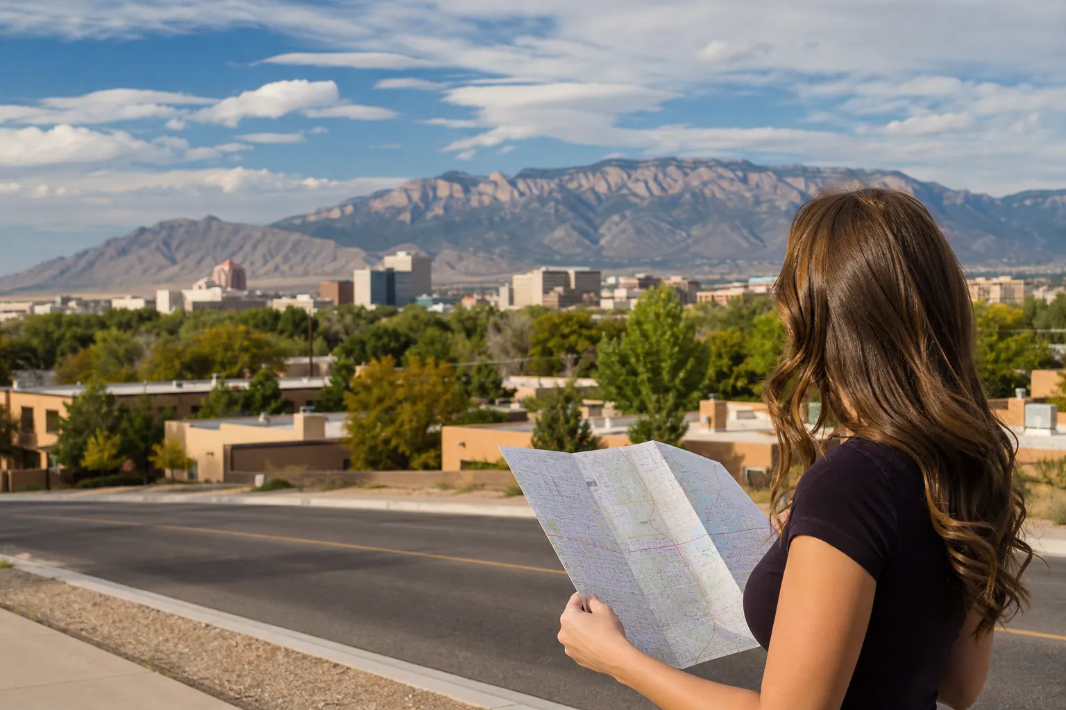 A woman holds an unfolded street map beside a road overlooking Albuquerque buildings and mountains under a partly cloudy sky.