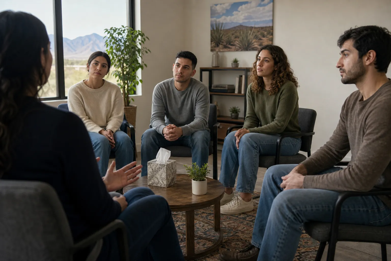 Five adults sit in a counseling circle around a coffee table with tissues and a plant, with desert mountains outside.