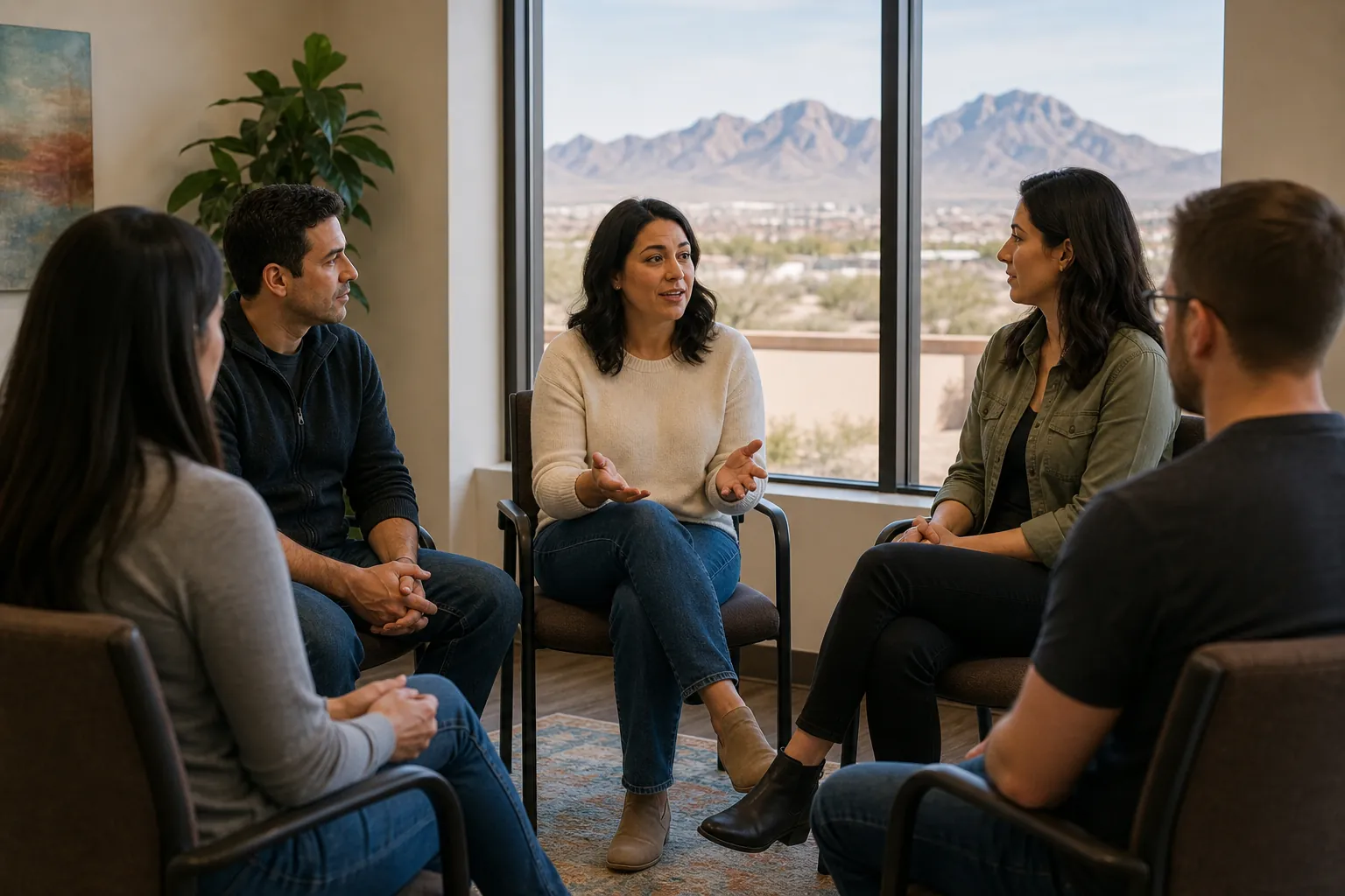 Five adults sit in a circle during a group discussion, with desert mountains visible through large windows.