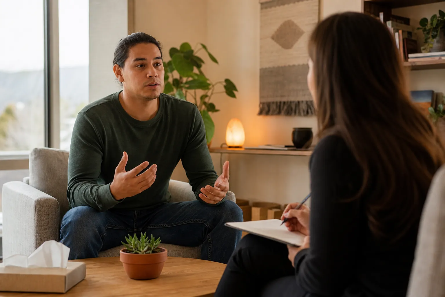 A man gestures while speaking with a female counselor taking notes in a comfortable outpatient therapy office.