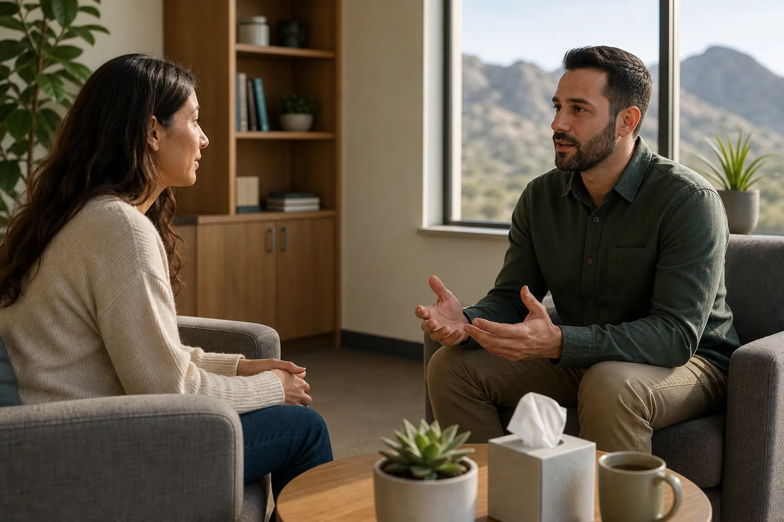 A counselor speaks with a woman in a comfortable office with mountain views, suggesting an outpatient support session.