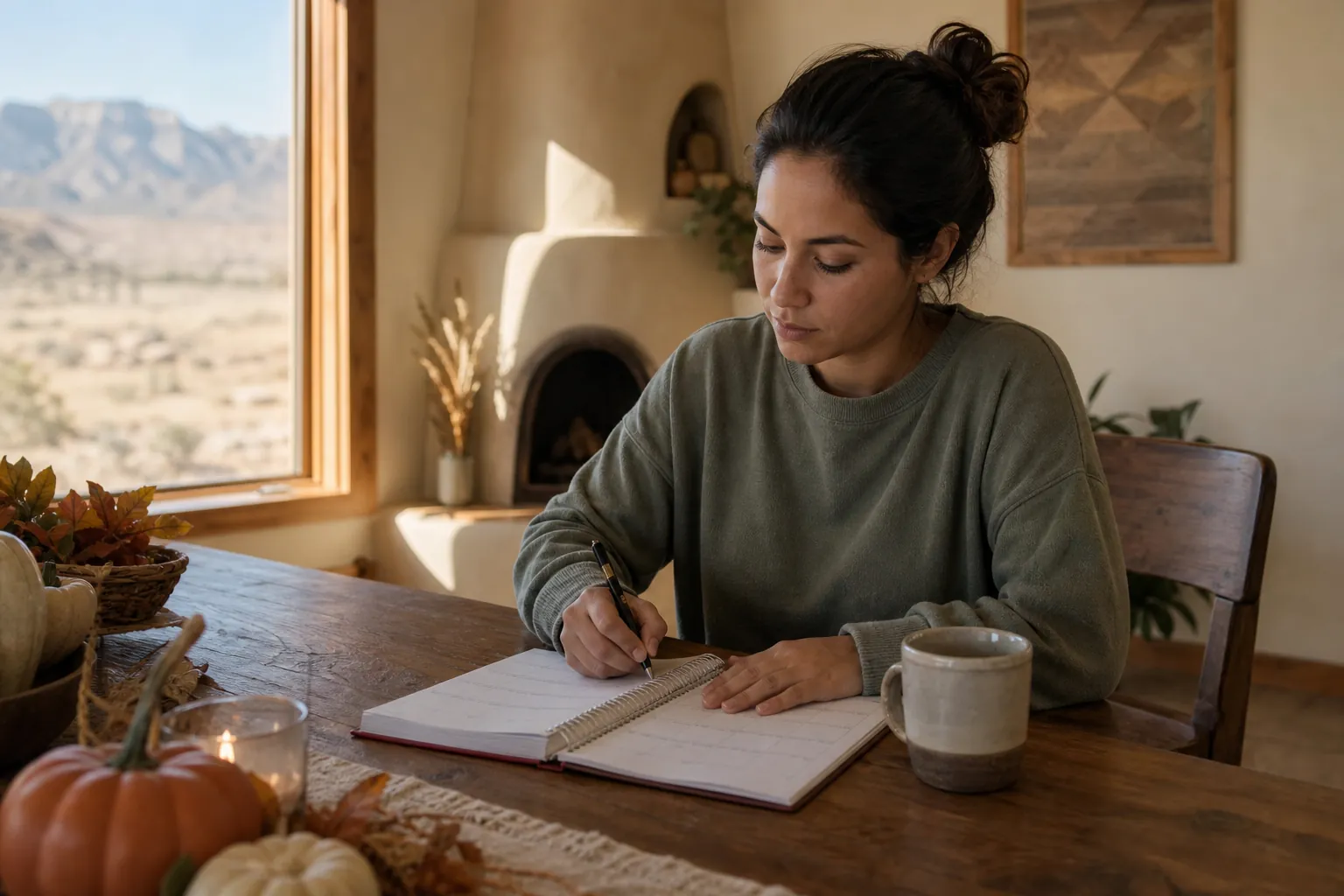 A woman writes in an open planner at a wooden table with pumpkins, a candle, and a mug beside a window overlooking desert mountains.