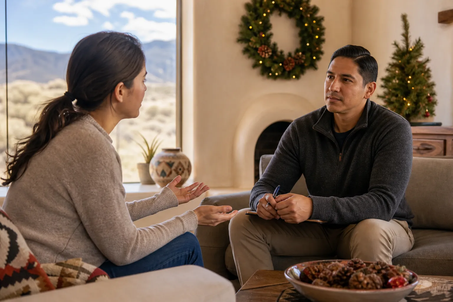 A woman talks with a man holding a pen and clipboard in a room with a holiday wreath, small tree, and desert views.