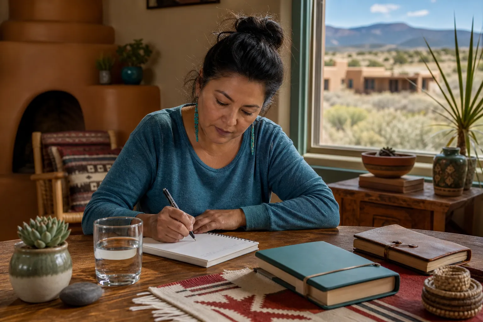 Woman writing in a notebook at a home table, suggesting journaling or written homework for outpatient rehab.