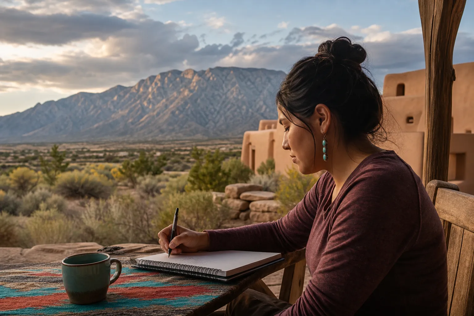 Woman writing in a spiral notebook at an outdoor table with a mug, adobe buildings, and mountains behind her.