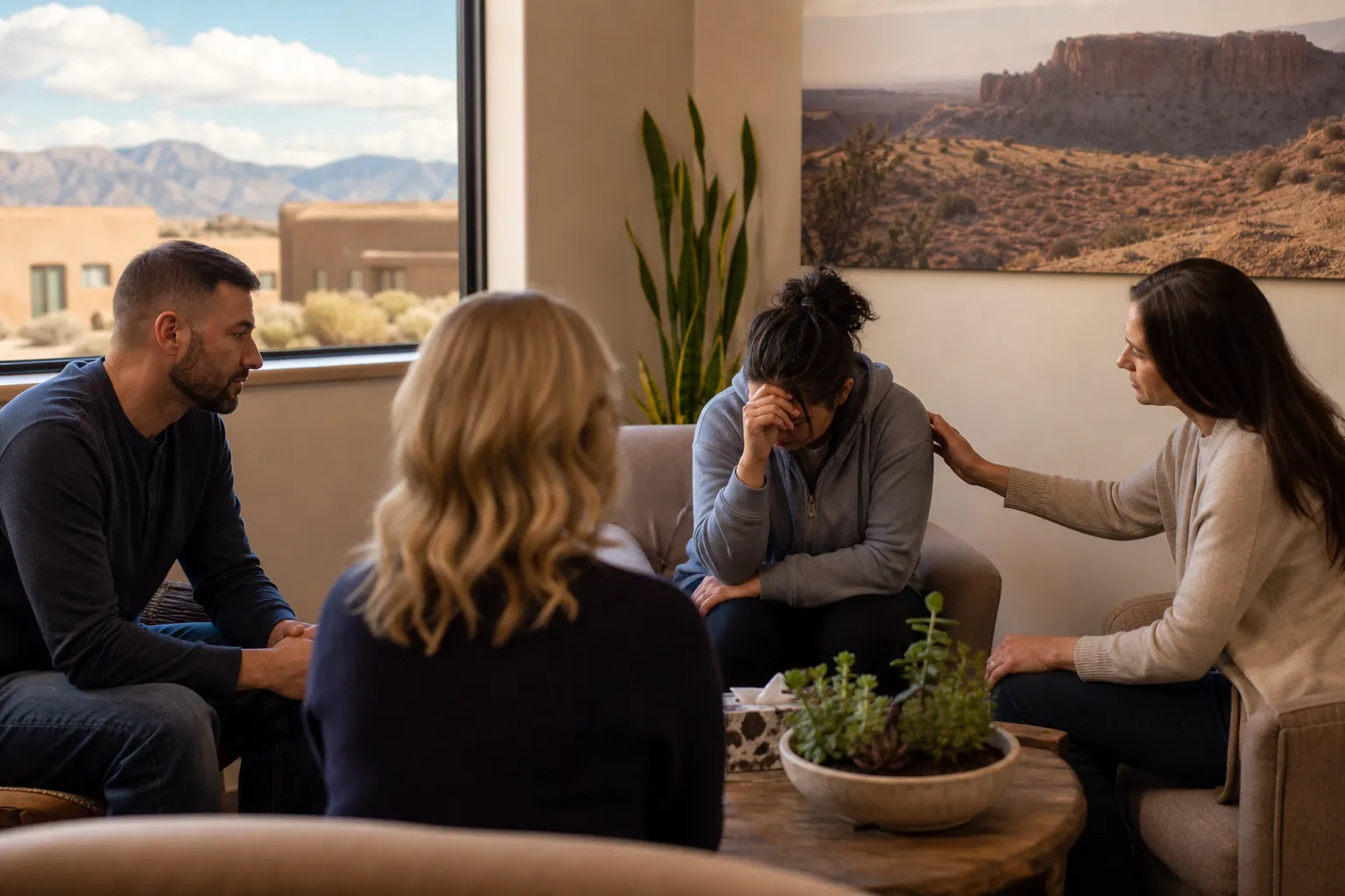 Four adults sit in a counseling group as one distressed woman receives a reassuring hand on her shoulder.