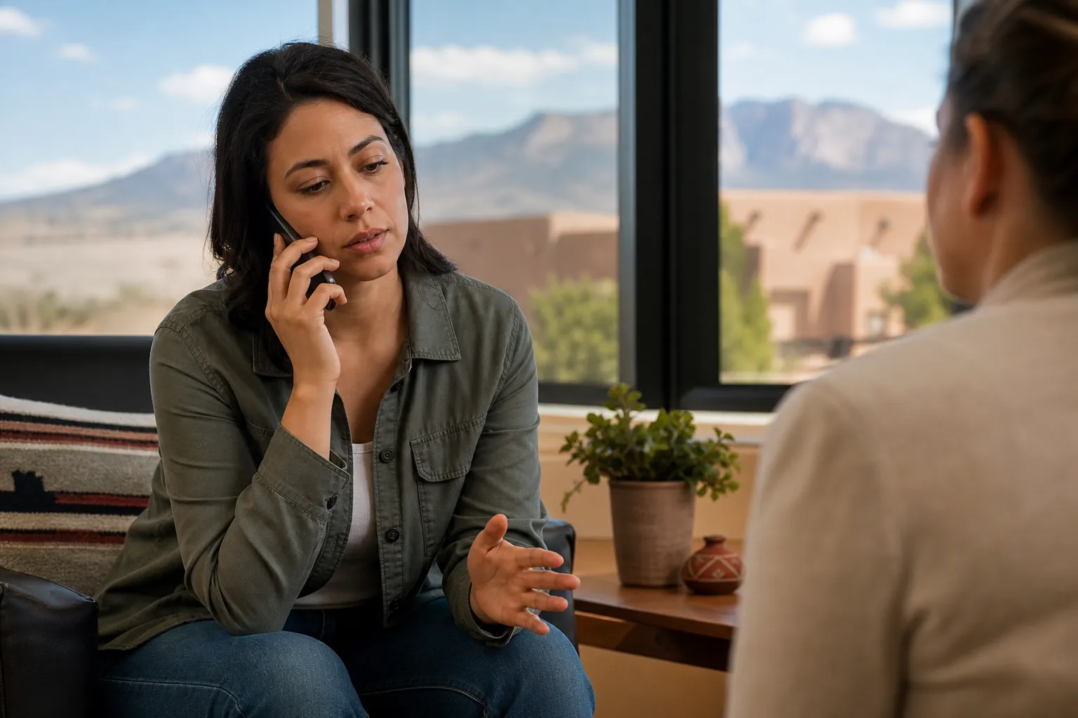 Seated woman speaks on a phone while gesturing to another person in a counseling or rehabilitation office.