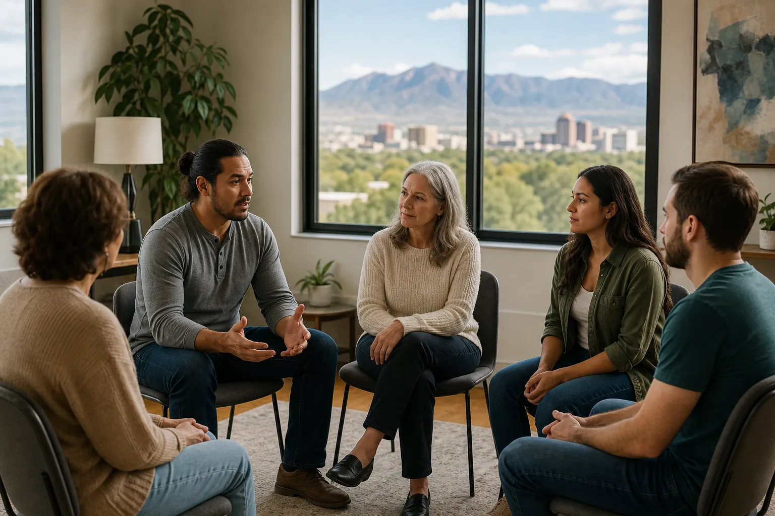 Five adults sit in a counseling circle beside windows overlooking Albuquerque and the Sandia Mountains.