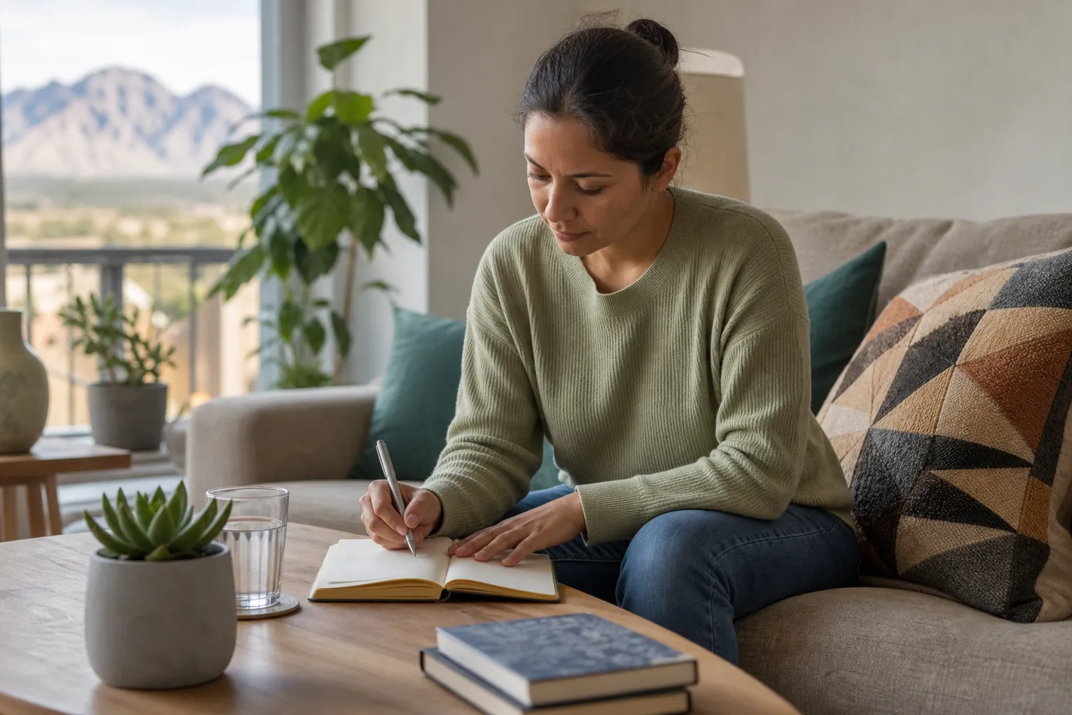 A woman sits on a living room sofa, writing in a notebook beside a glass of water and potted plants.