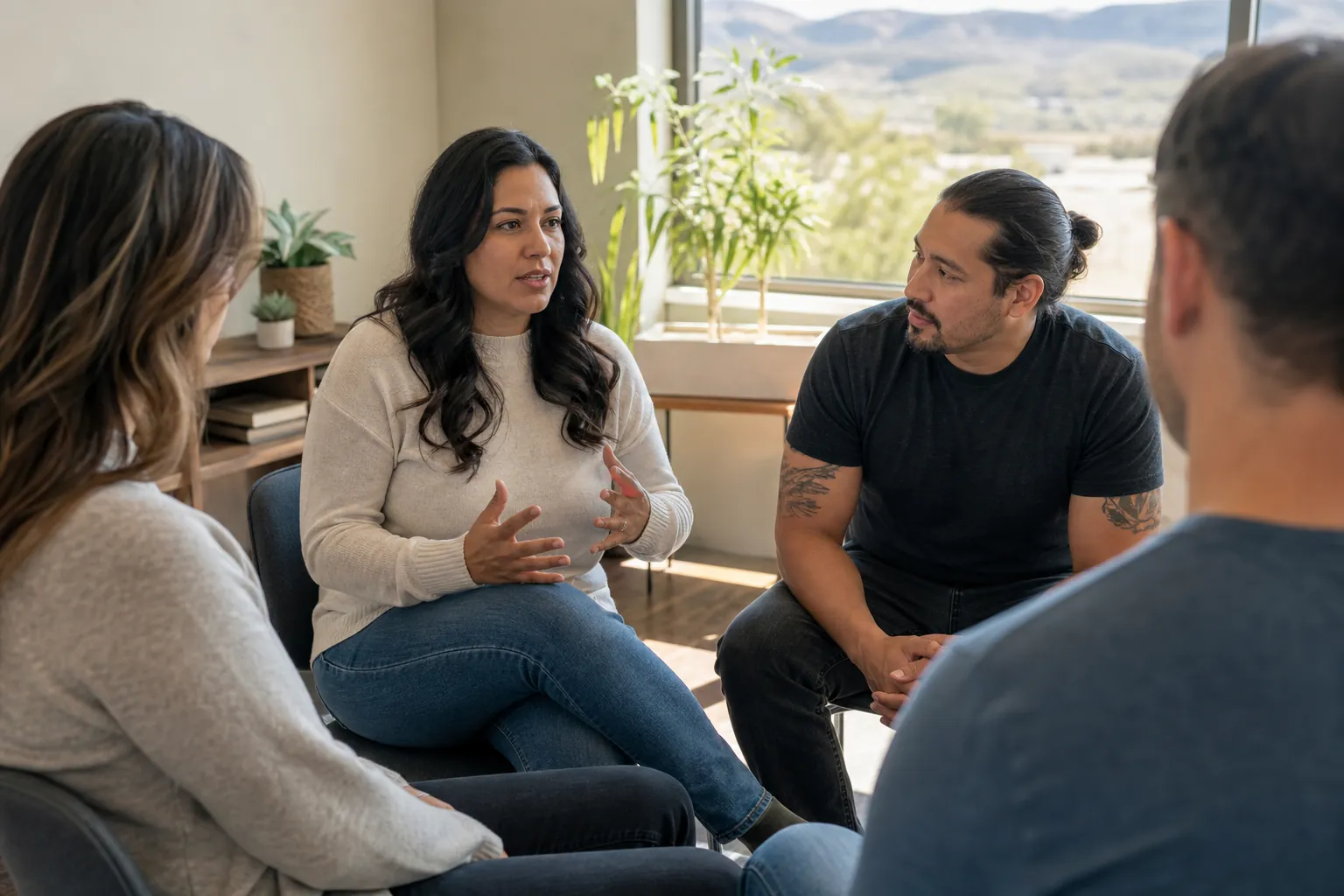 Four adults sit in a bright room as one woman speaks during a small outpatient treatment group session.
