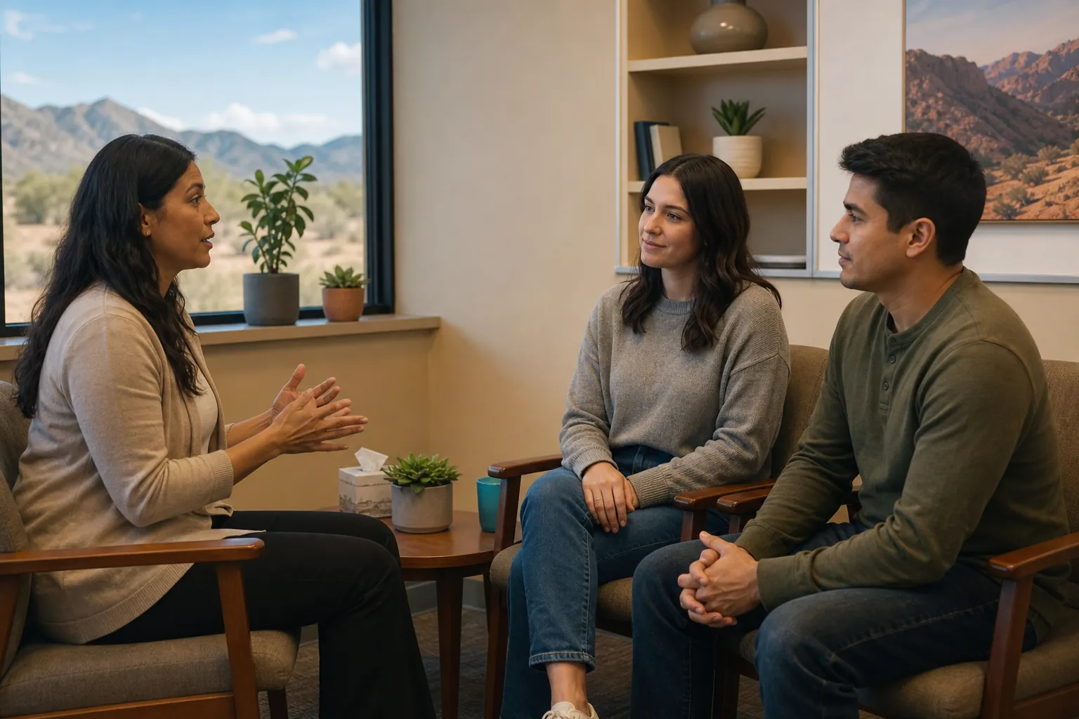 A counselor gestures while speaking with two adults seated in a comfortable office during a rehab orientation session.