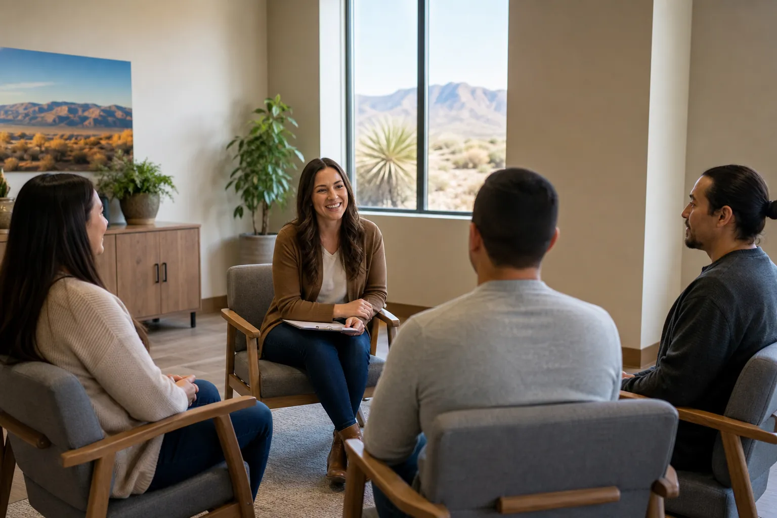 A counselor holding a clipboard speaks with three adults seated in a circle during an outpatient rehab orientation.
