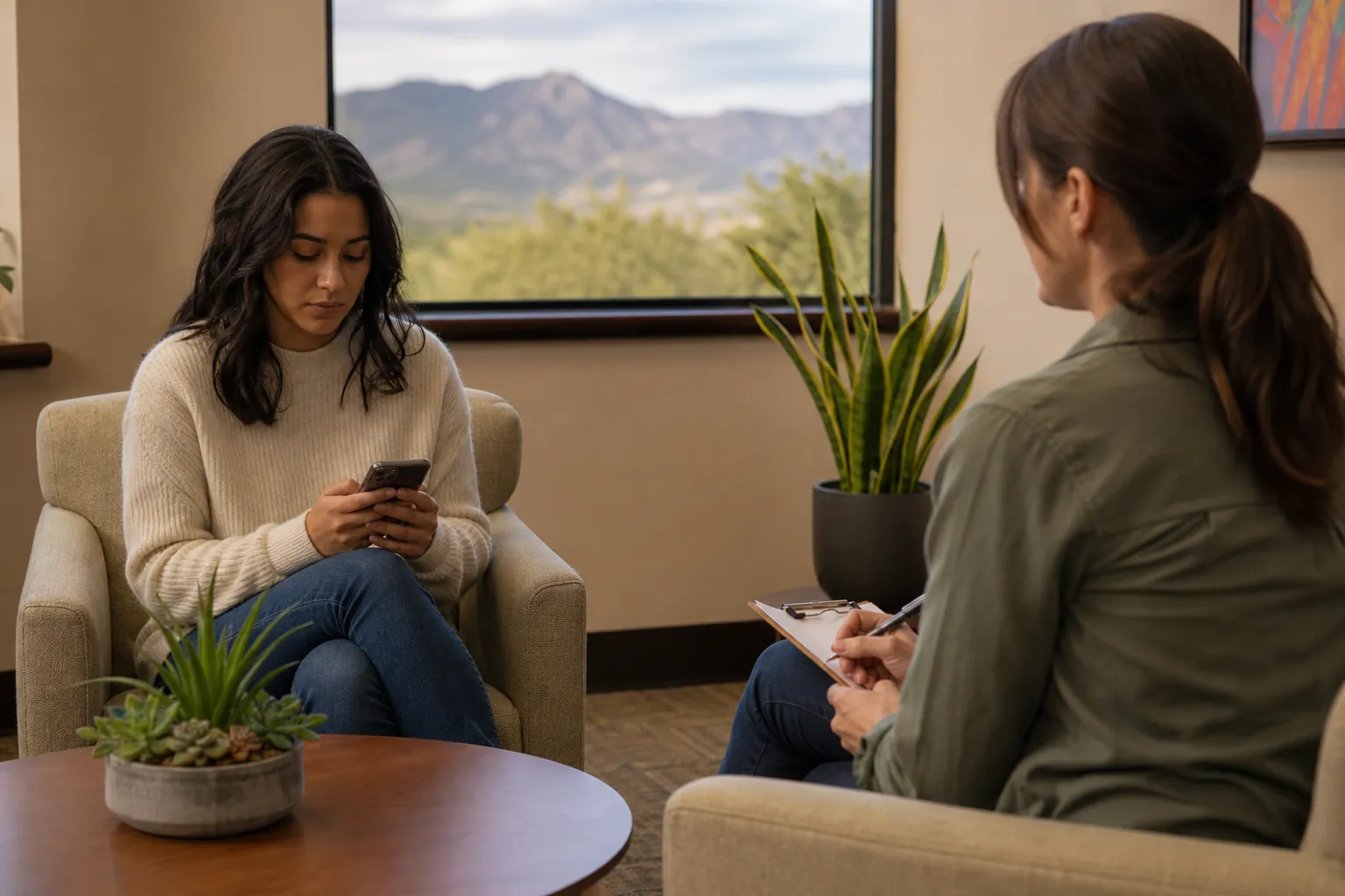 A woman checks her smartphone while seated across from a counselor holding a clipboard in a therapy office.