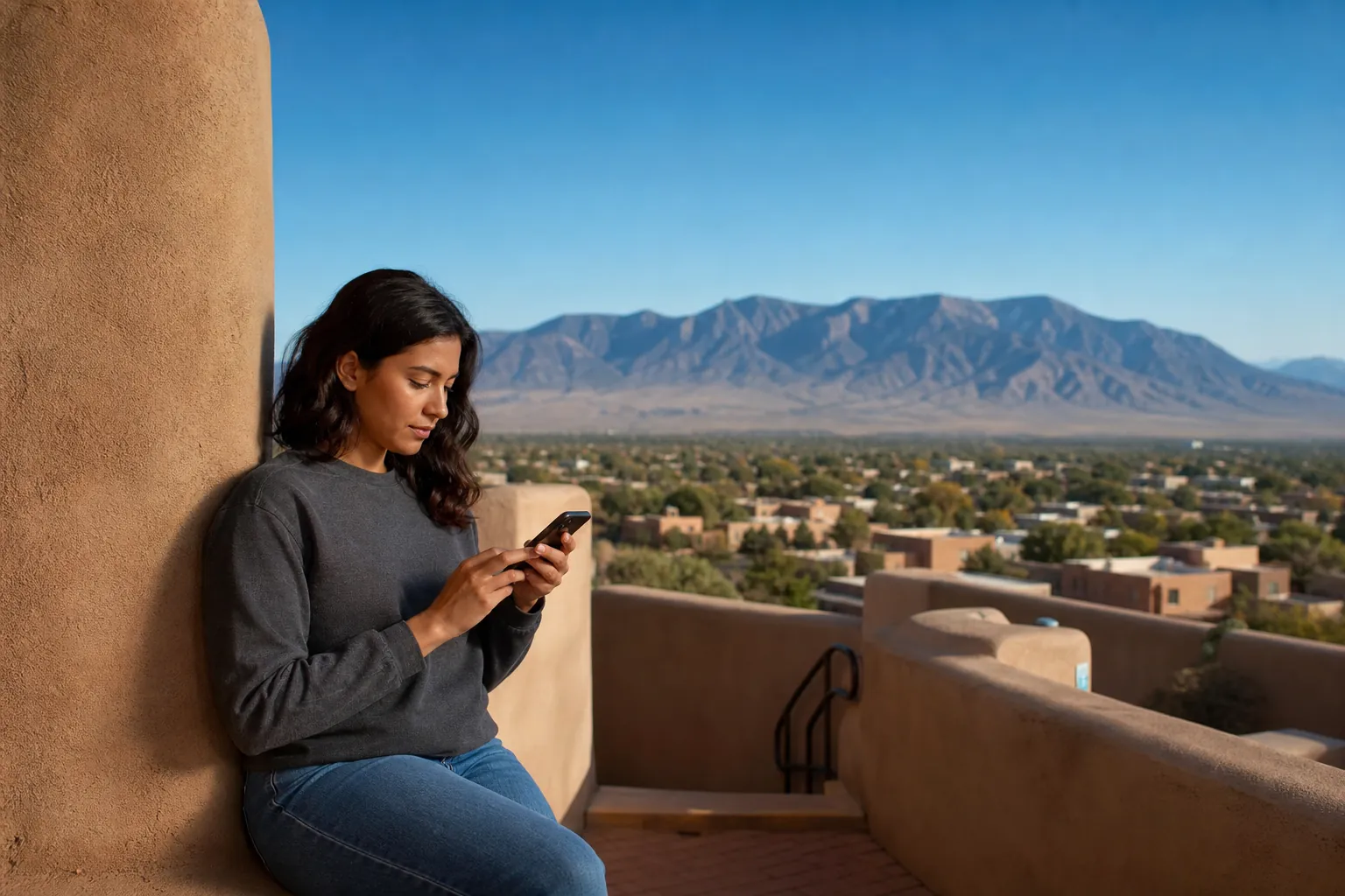 Woman seated against an adobe wall using a smartphone, with a desert town and mountain range in the background.