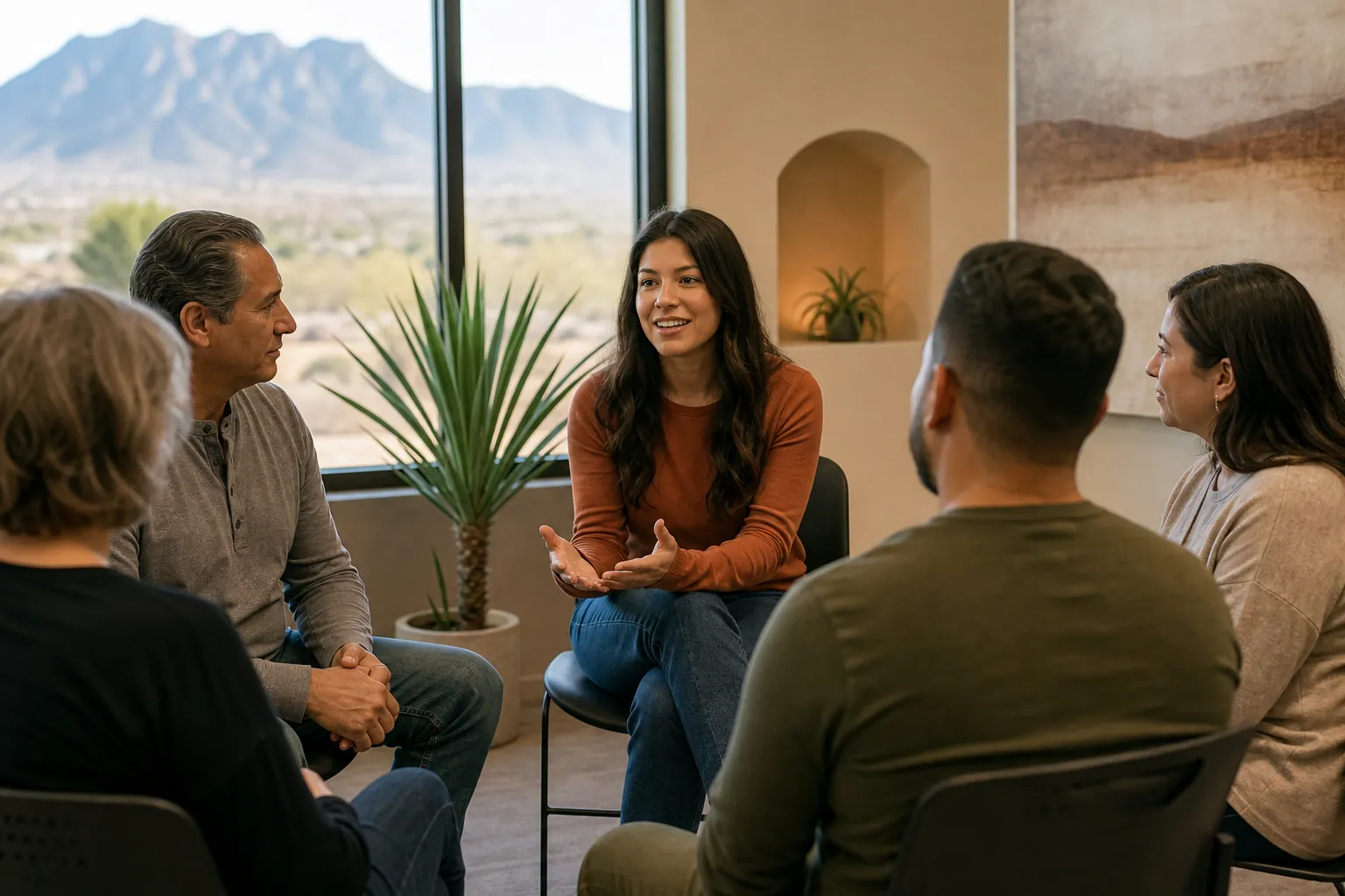 Five adults sit in a discussion circle as a woman gestures, with desert mountains visible through large windows.
