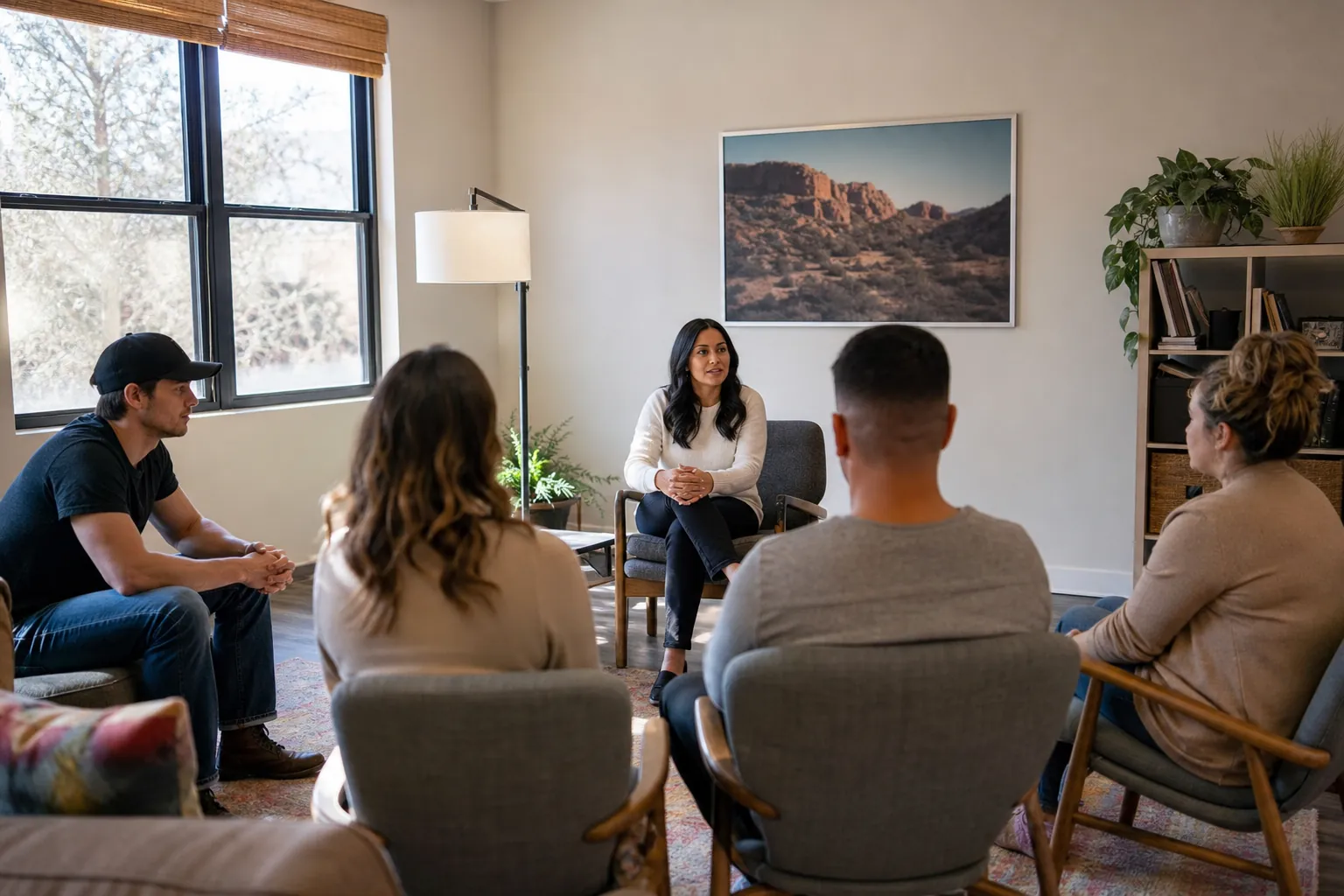 Five adults sit in a circle during a group counseling session in a bright room with plants and a framed desert landscape.