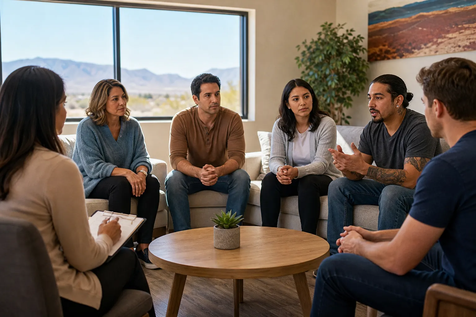Six adults sit in a circle during a group discussion, with one holding a clipboard and another gesturing as he speaks.