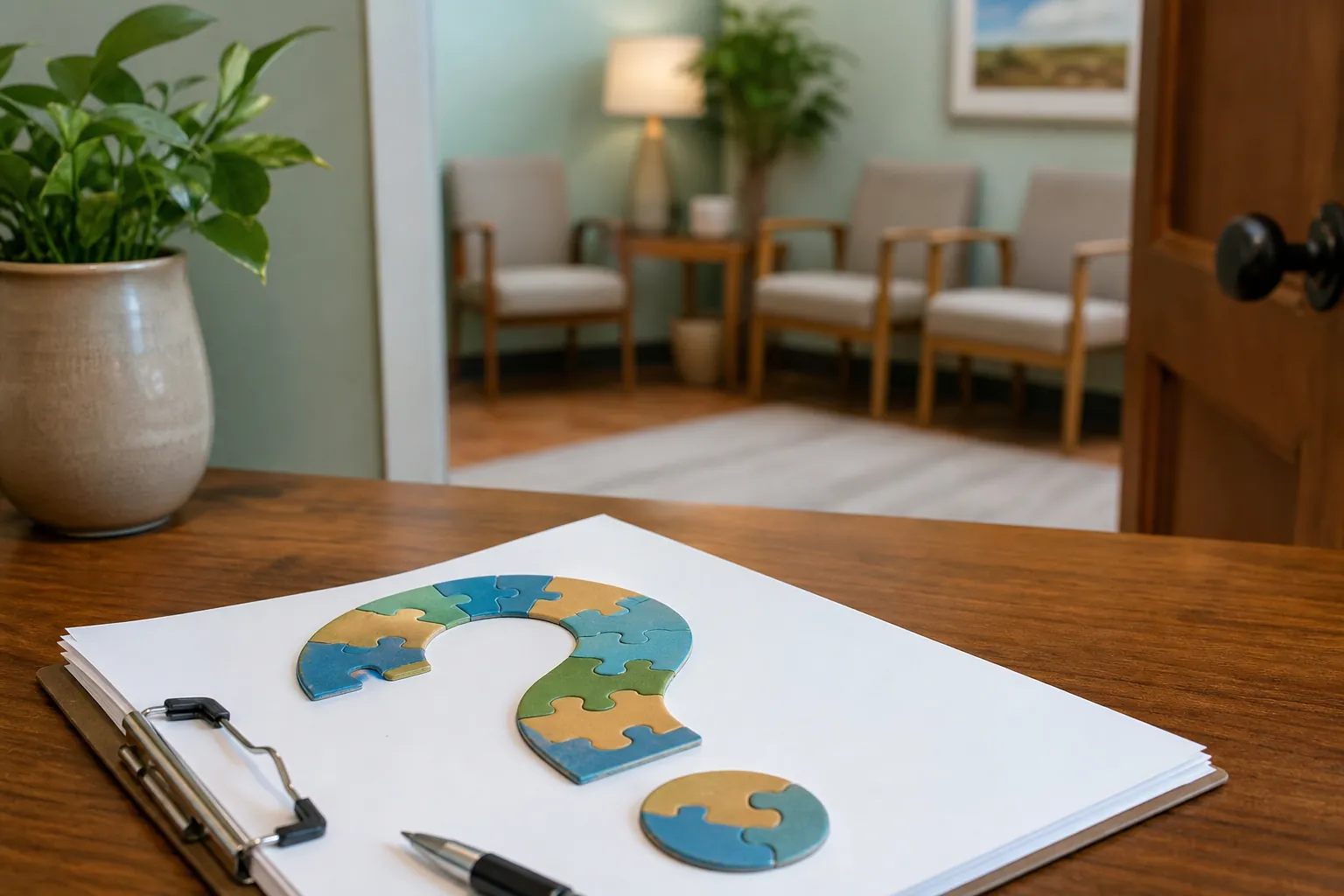 Puzzle-piece question mark on a clipboard in a quiet medical office waiting room with chairs and an open door.