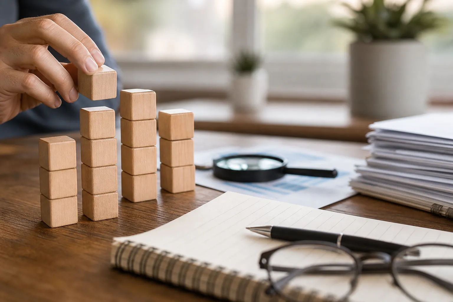 A hand stacks plain wooden blocks beside paperwork, a magnifying glass, notebook, pen, and eyeglasses on a desk.
