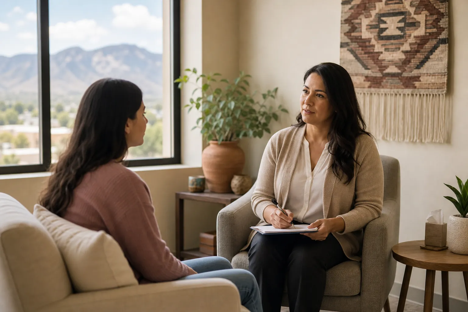 Two women sit facing each other in a comfortable office, one holding a pen and notepad, with mountains visible outside.