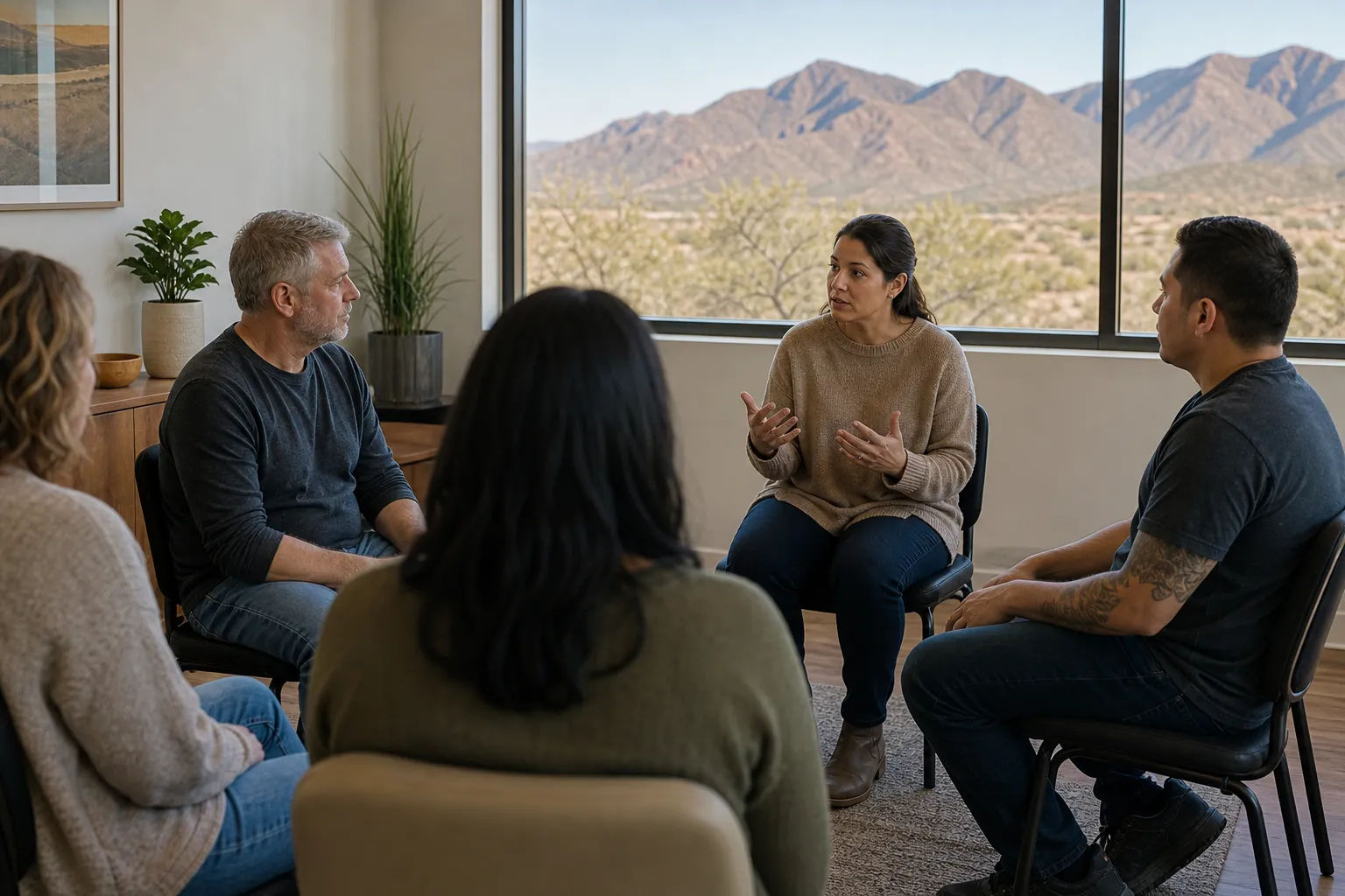 Five adults sit in a circle during a group discussion, with desert mountains visible through large windows.