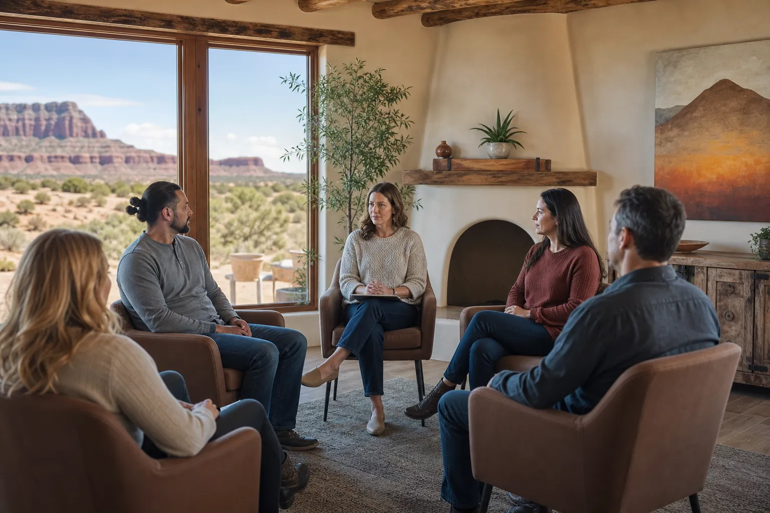 Five adults sit in a group therapy circle in a Southwestern room overlooking a desert mesa landscape.
