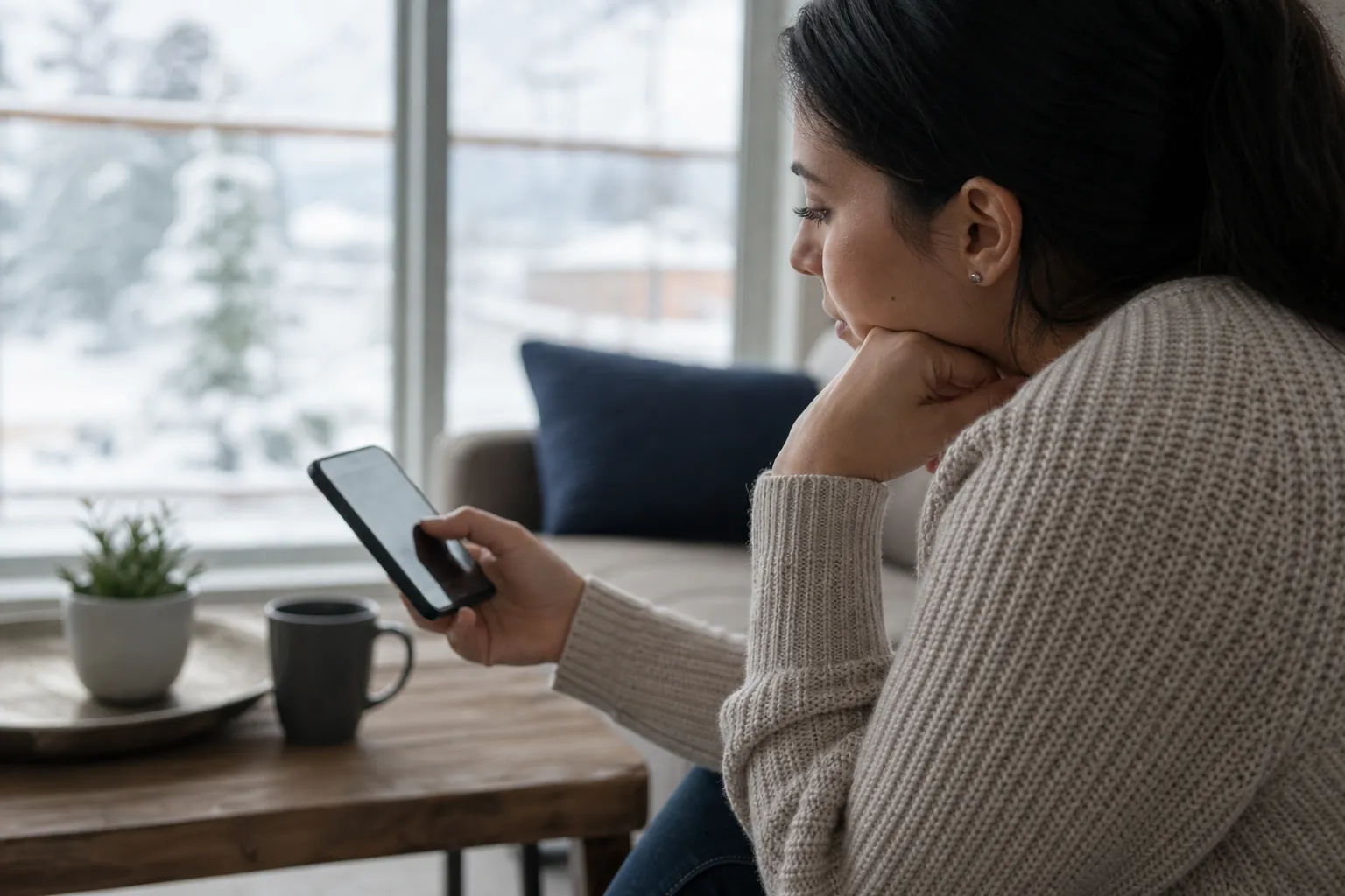 A woman in a knit sweater looks at her smartphone beside a snowy window, with a mug and potted plant on the table.