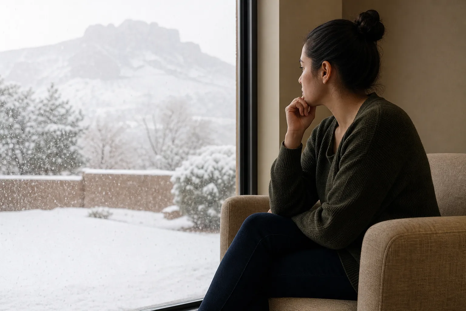A woman sits in a beige armchair with her hand under her chin, looking through a window at snow-covered trees and mountains.