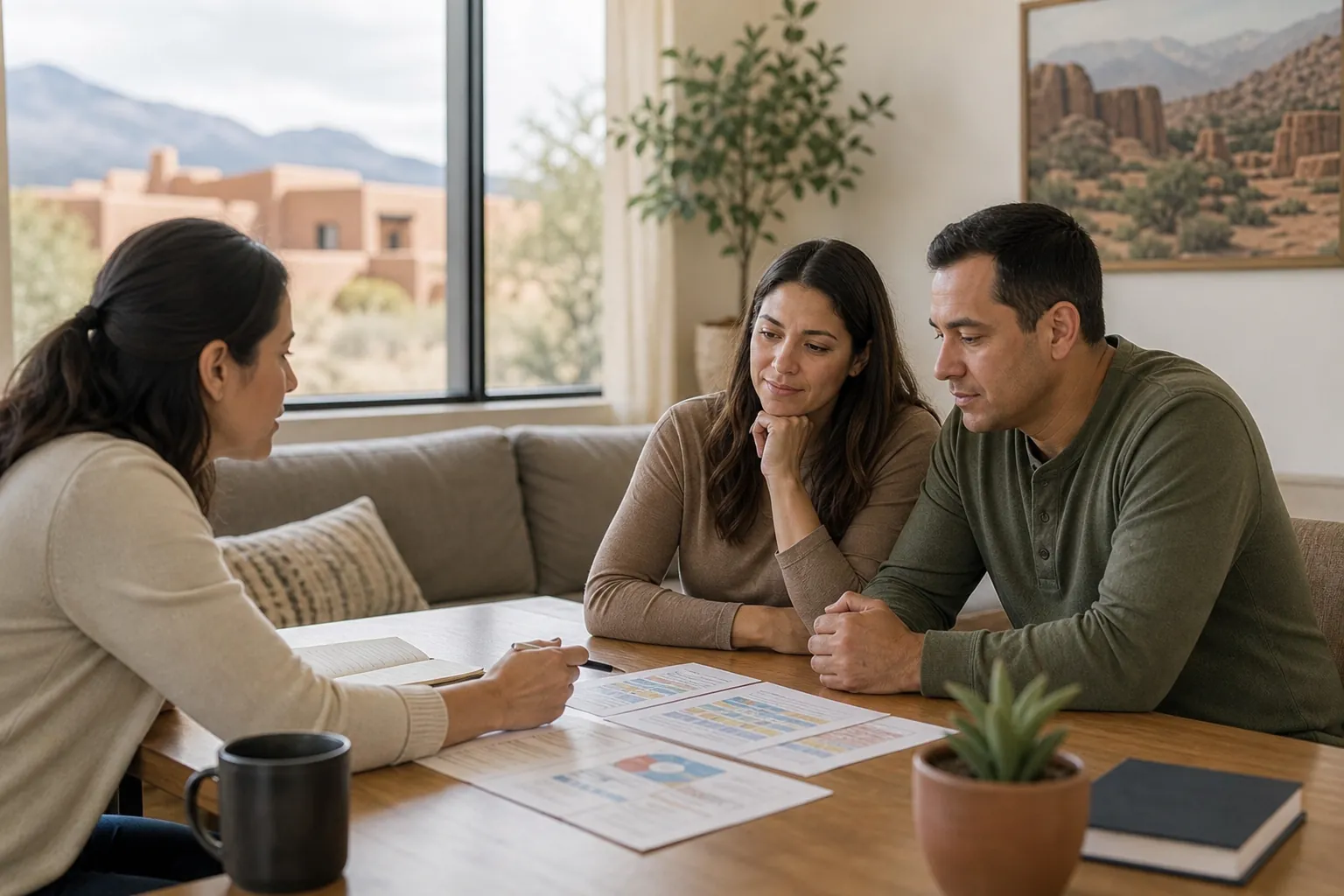 A couple meets with a woman at a wooden table, reviewing printed charts in a room overlooking adobe buildings and mountains.