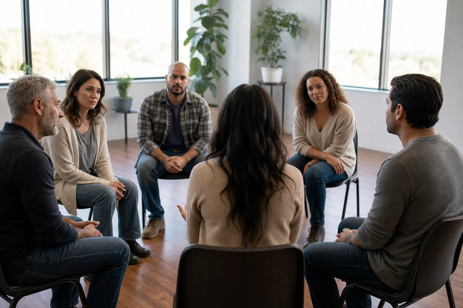 Six adults sit in a circle during a group discussion in a bright room with large windows and potted plants.