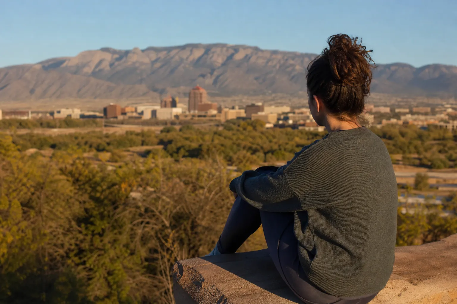 A person with hair in a bun sits on a stone ledge overlooking Albuquerque, trees, and mountains in warm sunlight.
