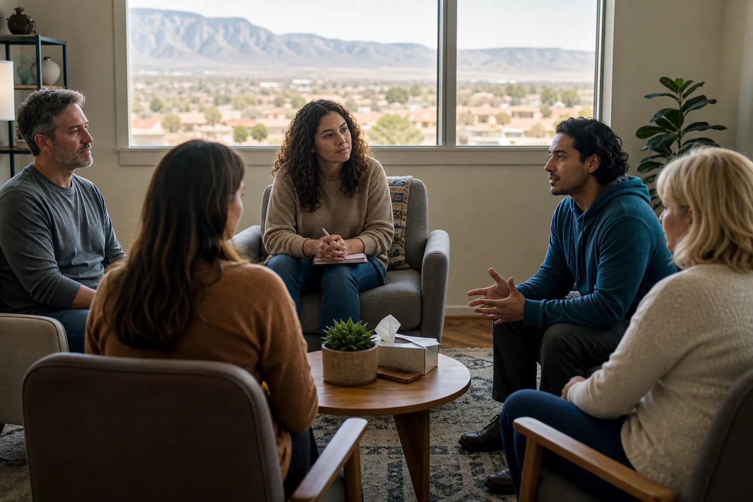 Five adults sit in a discussion circle in a bright room, with a cityscape and mountains visible through large windows.