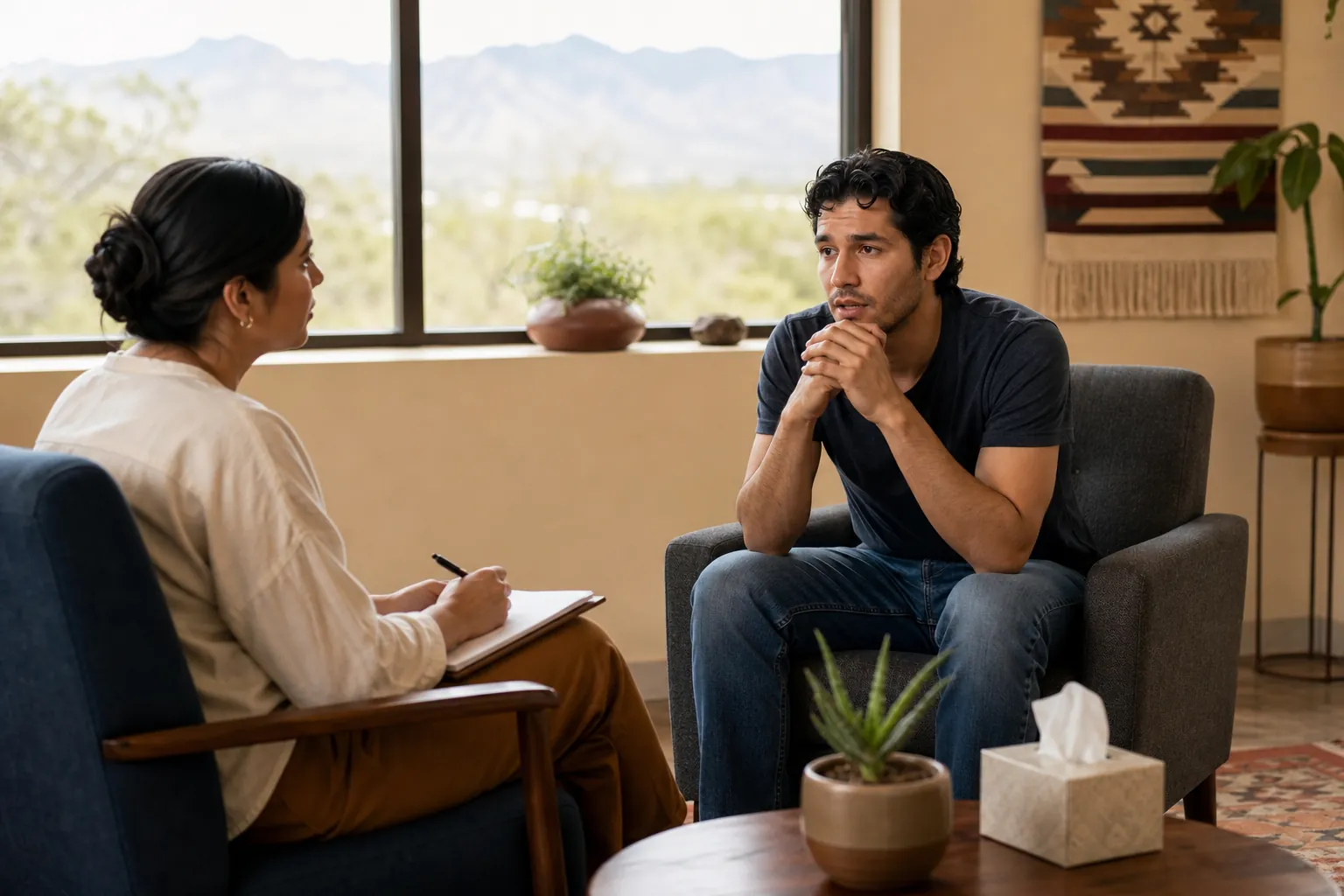 A man with clasped hands speaks with a woman holding a pen and notebook in a sunlit room with mountain views.