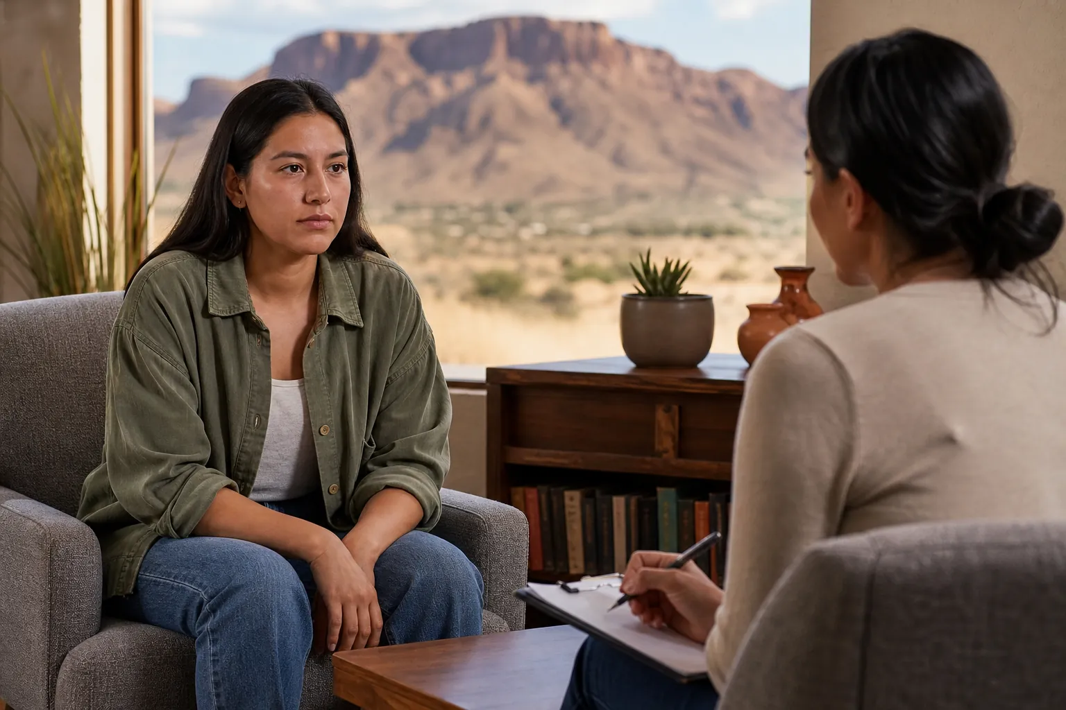 Two women sit facing each other, one holding a pen and clipboard, with desert mesas visible through a large window.
