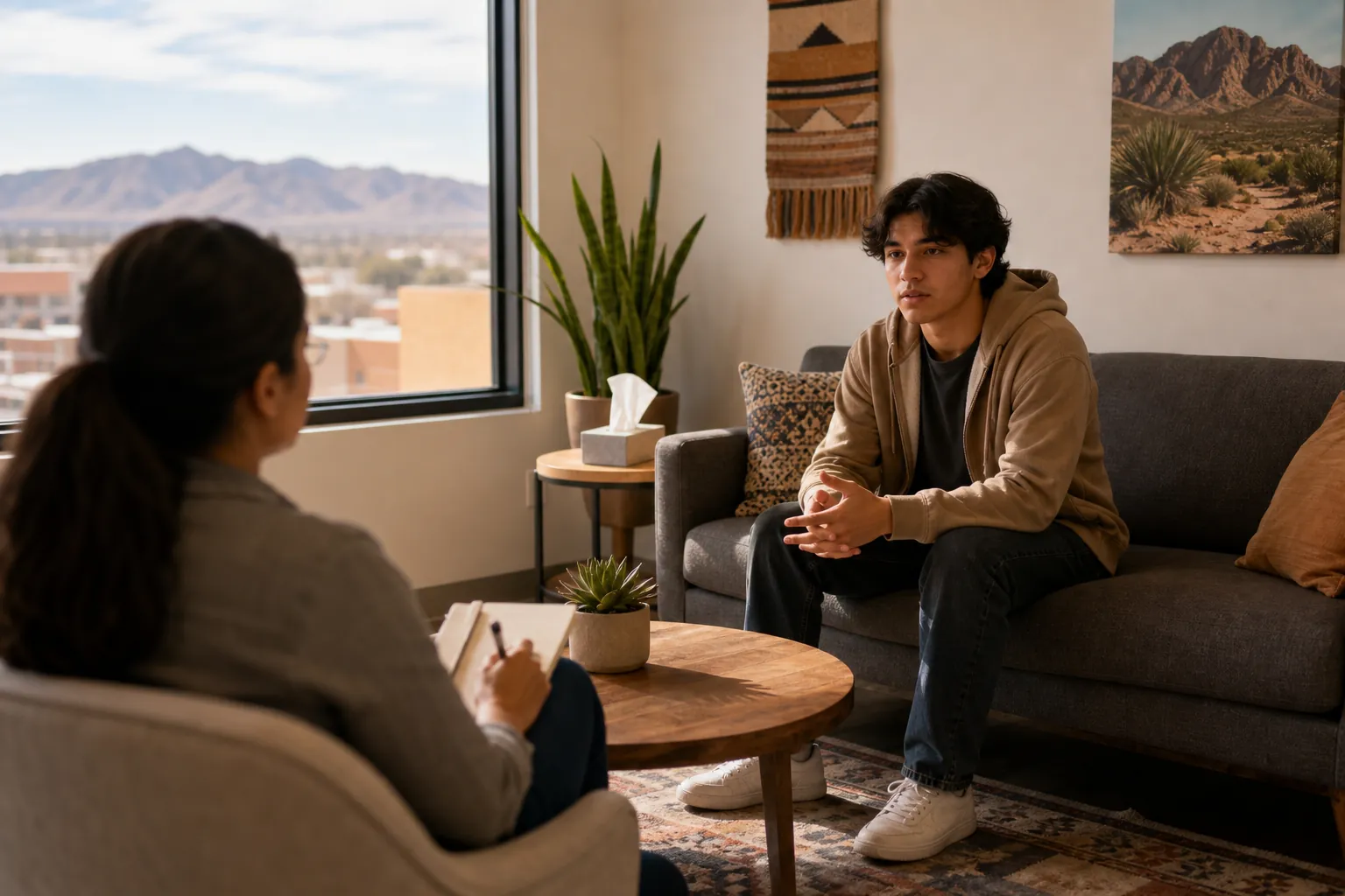A young man sits on a gray sofa facing a woman holding a notebook, with desert mountains visible through the office window.