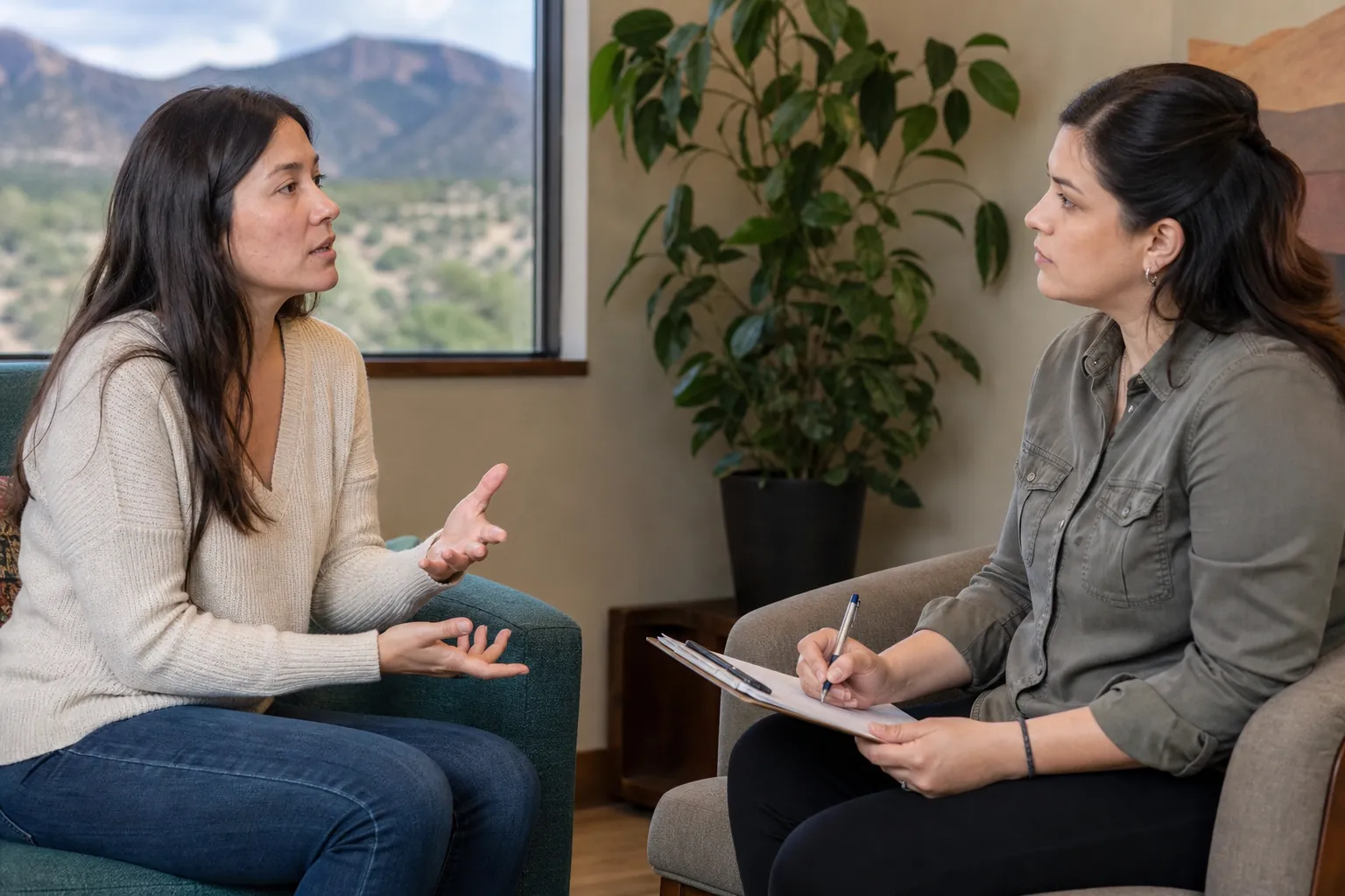 Two women sit facing each other in an office, one gesturing while the other holds a pen and clipboard, with mountains outside.