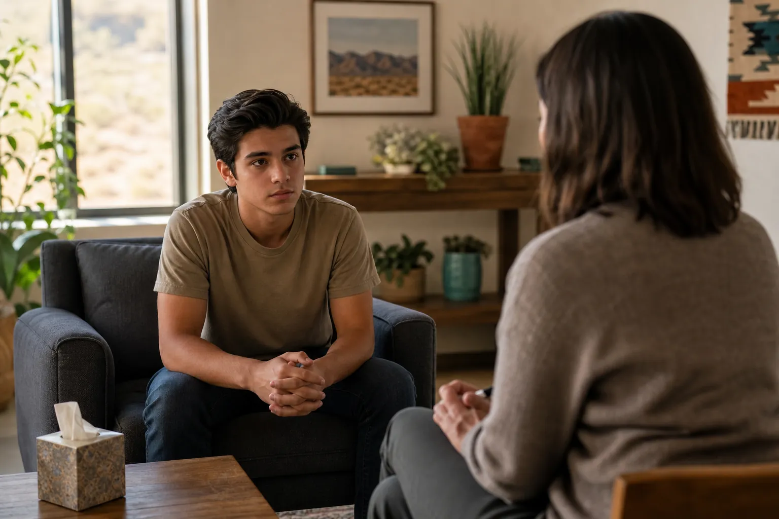 A young man sits with clasped hands on a dark sofa, facing a woman in a bright room with plants and a tissue box.