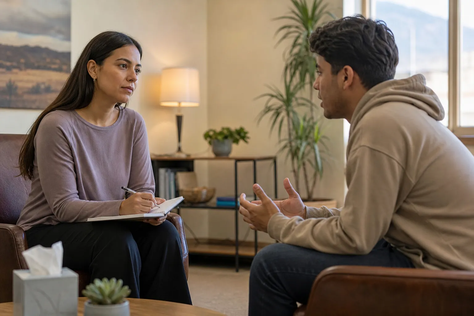A woman holding a pen and notebook listens to a young man gesturing during a conversation in a counseling office.