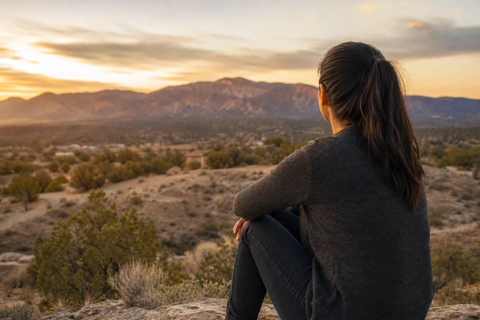 A woman with a dark ponytail sits on a rocky overlook, facing a scrub-covered desert valley and mountains at sunset.