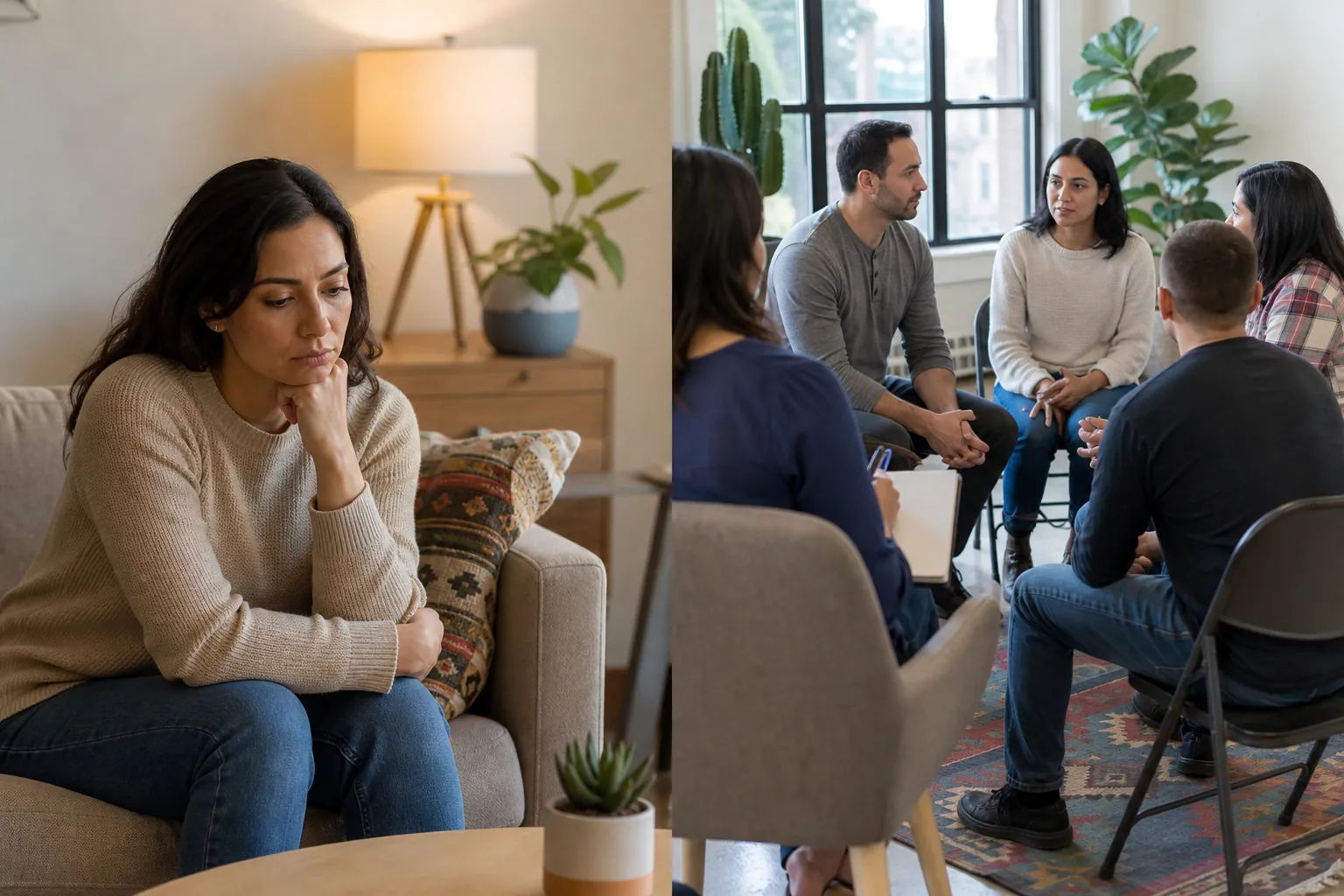 Split view of a woman sitting alone on a sofa and five adults seated in a circle for a group counseling discussion.