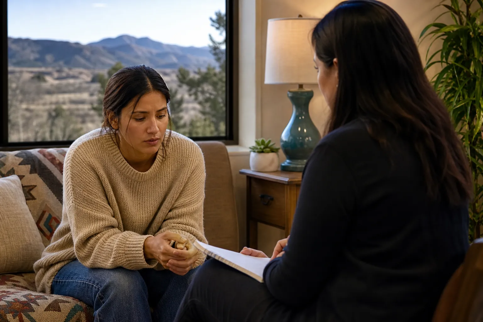 A woman in a beige sweater sits with clasped hands opposite a woman holding a notebook, with mountains visible through a window.